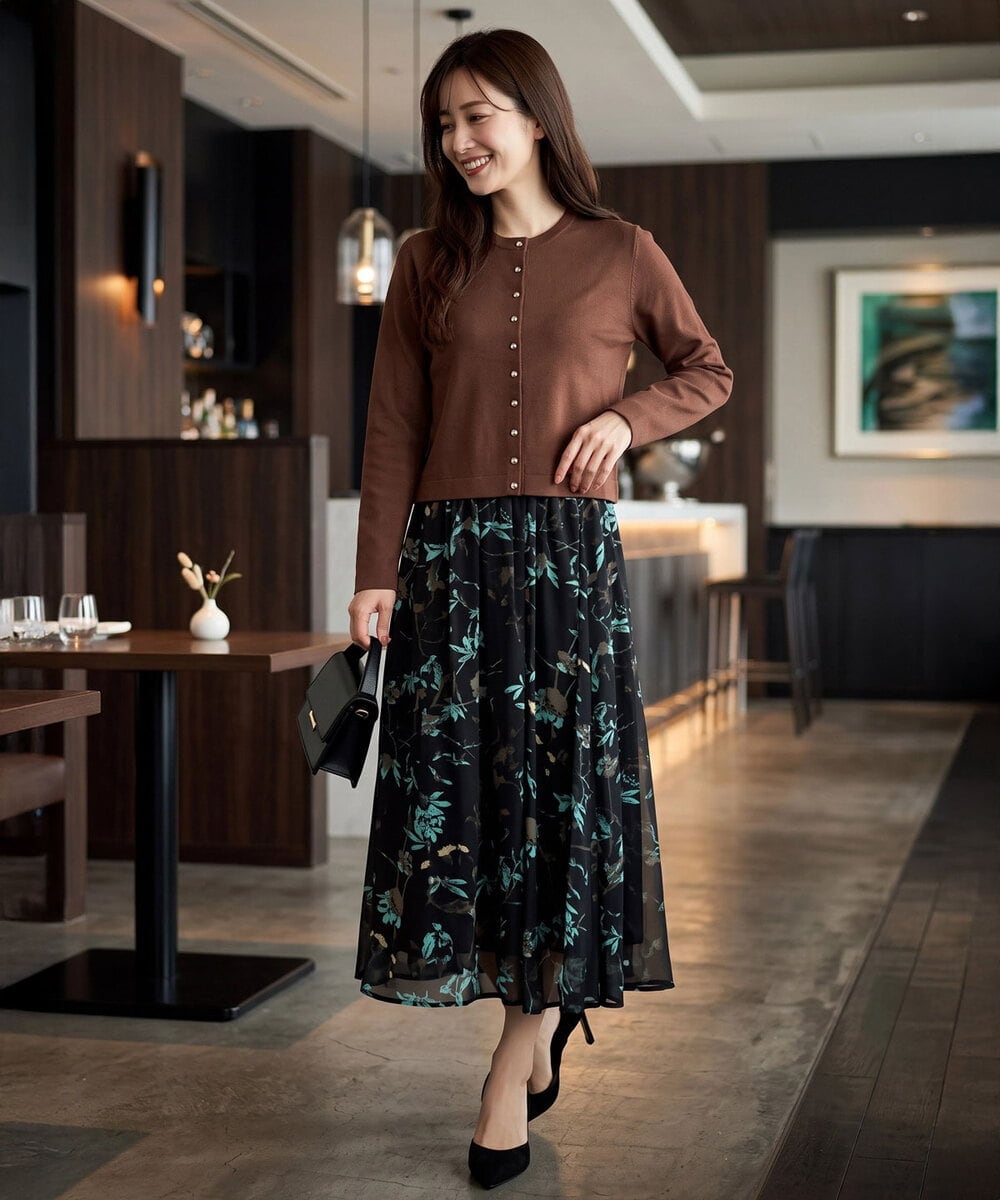FKHJD37150 MK MICHEL KLEIN(MK ミッシェルクラン) [洗える]水彩花柄シフォンスカート ダークブラウン