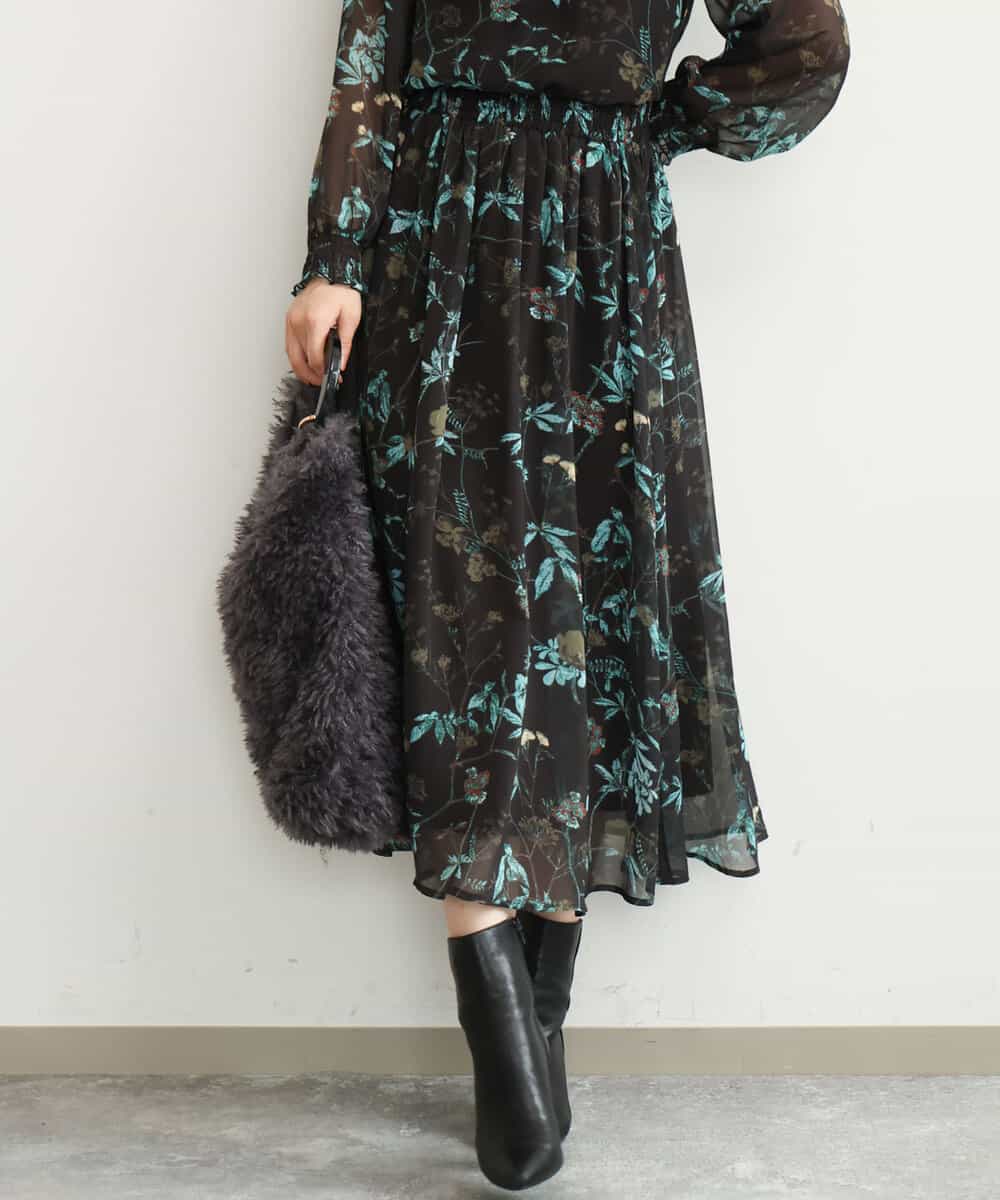 FKHJD37150 MK MICHEL KLEIN(MK ミッシェルクラン) [洗える]水彩花柄シフォンスカート ダークブラウン