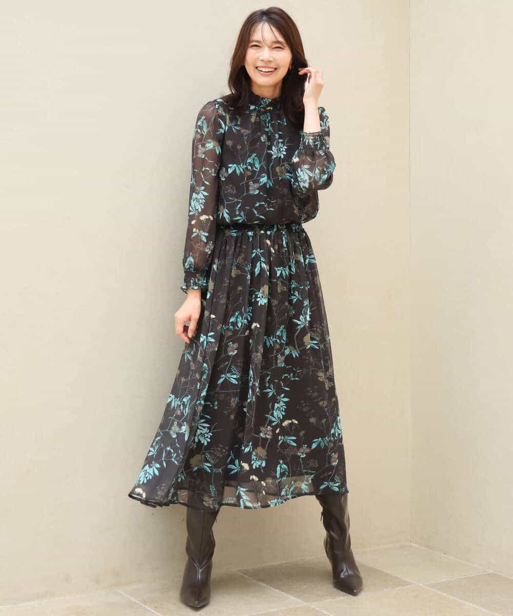 FKHJD37150 MK MICHEL KLEIN(MK ミッシェルクラン) [洗える]水彩花柄シフォンスカート ダークブラウン