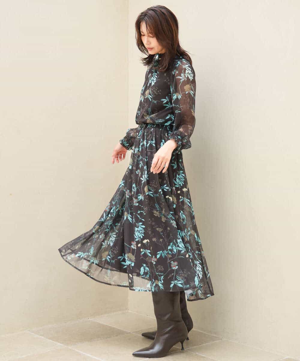 FKHJD37150 MK MICHEL KLEIN(MK ミッシェルクラン) [洗える]水彩花柄シフォンスカート ダークブラウン