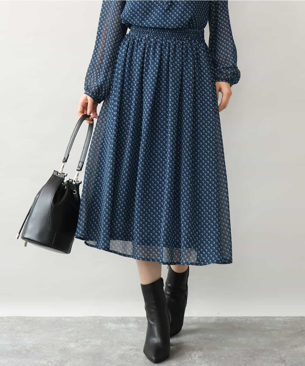 FKHJD39150 MK MICHEL KLEIN(MK ミッシェルクラン) [洗える]スクエア幾何柄シフォンスカート ブルーグリーン