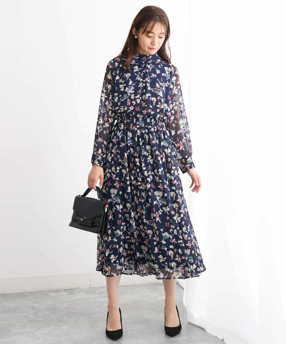 FKHJS07140 MK MICHEL KLEIN(MK ミッシェルクラン) アートフラワープリントシフォンスカート/洗える グリーン