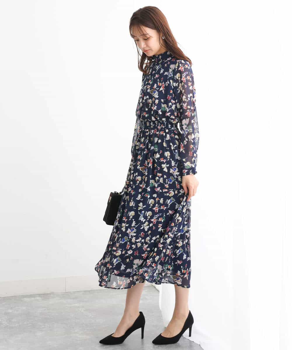 FKHJS07140 MK MICHEL KLEIN(MK ミッシェルクラン) アートフラワープリントシフォンスカート/洗える グリーン