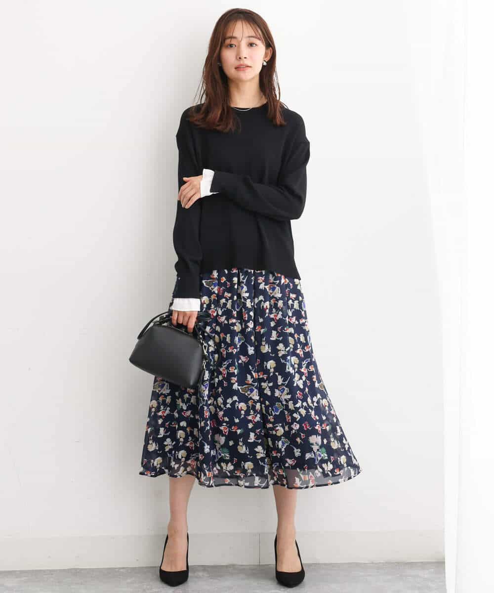 FKHJS07140 MK MICHEL KLEIN(MK ミッシェルクラン) アートフラワープリントシフォンスカート/洗える グリーン