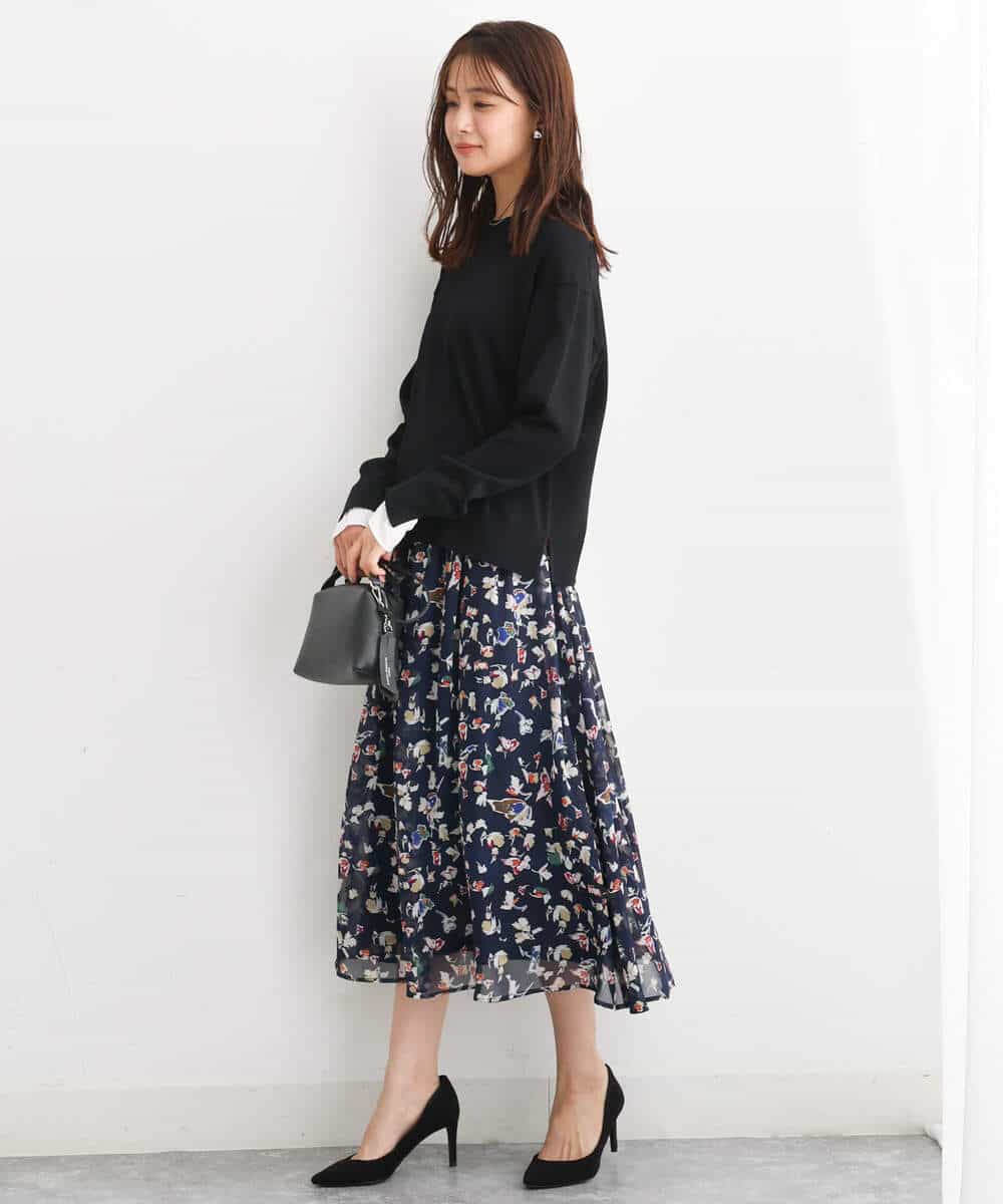 FKHJS07140 MK MICHEL KLEIN(MK ミッシェルクラン) アートフラワープリントシフォンスカート/洗える グリーン