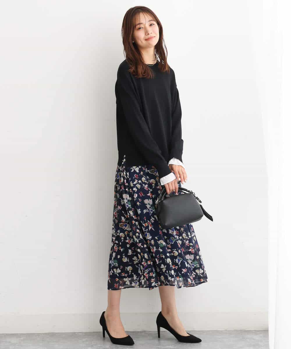 FKHJS07140 MK MICHEL KLEIN(MK ミッシェルクラン) アートフラワープリントシフォンスカート/洗える グリーン