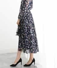 FKHJS07140 MK MICHEL KLEIN(MK ミッシェルクラン) アートフラワープリントシフォンスカート/洗える ネイビー