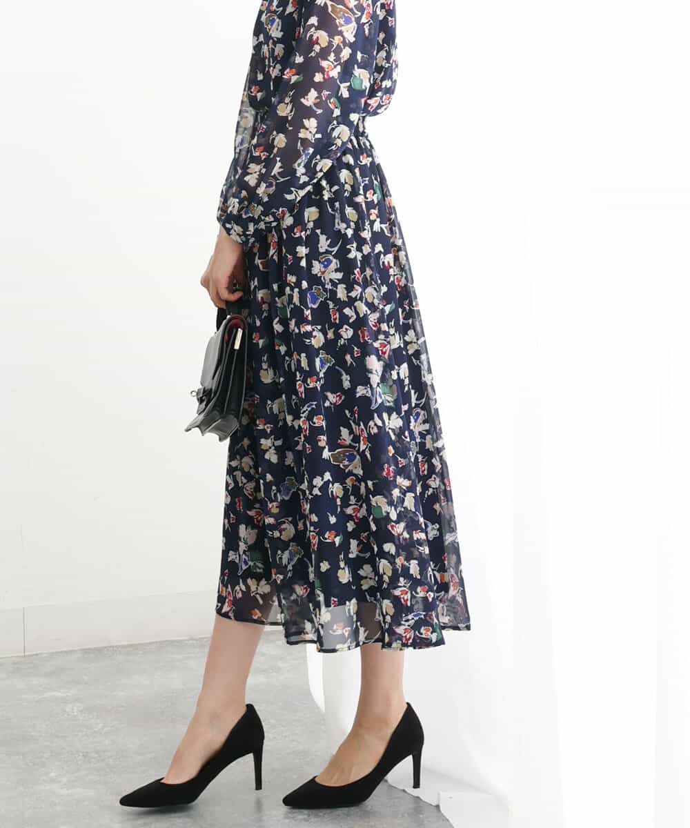 FKHJS07140 MK MICHEL KLEIN(MK ミッシェルクラン) アートフラワープリントシフォンスカート/洗える ネイビー