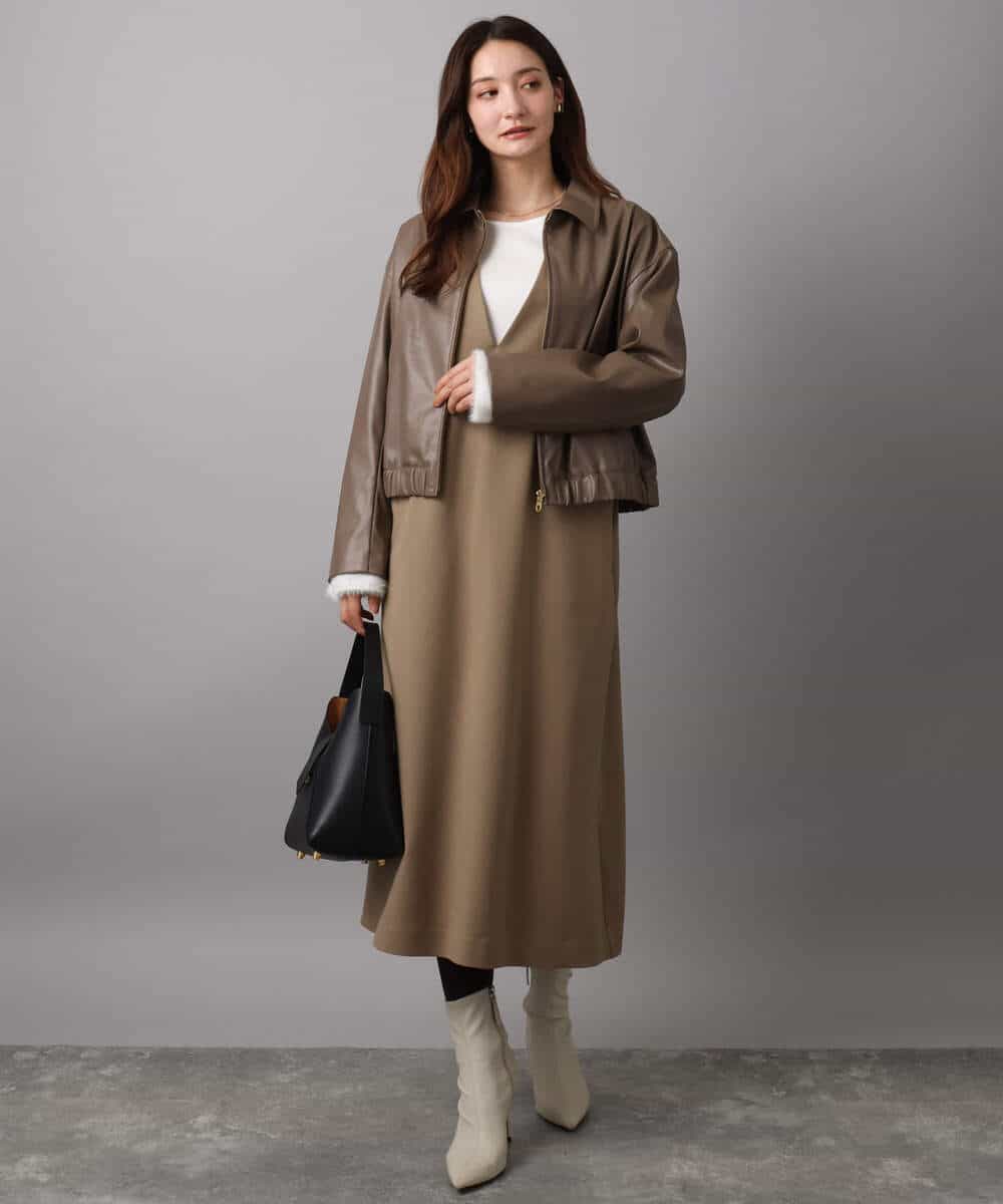 FKJAD41240 MK MICHEL KLEIN(MK ミッシェルクラン) ステンカラーフェイクレザーブルゾン/洗える モカ