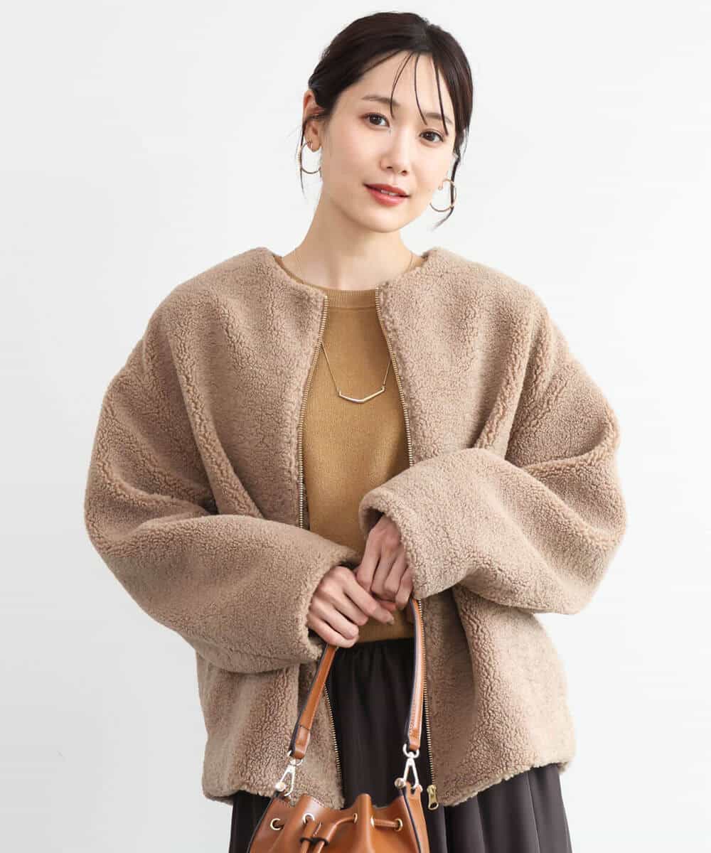 FKJAG42300 MK MICHEL KLEIN(MK ミッシェルクラン) [洗える]ノーカラーボアブルゾン キャメル