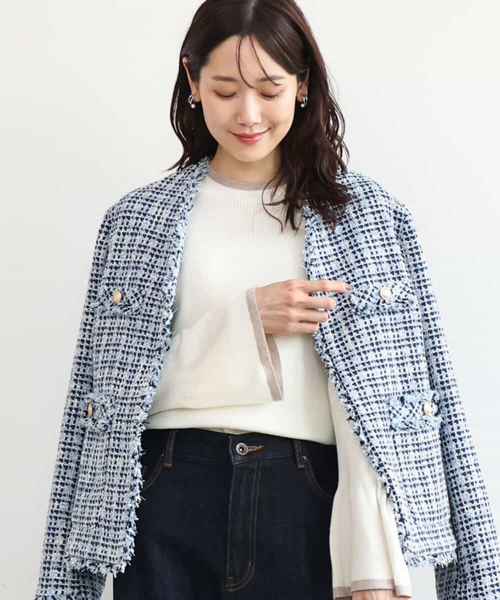 FKJAG53330 MK MICHEL KLEIN(MK ミッシェルクラン) [洗える]Vネックファンシーツイードジャケット ライトブルー