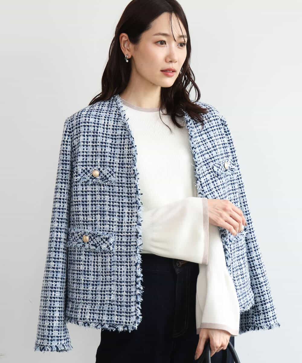 FKJAG53330 MK MICHEL KLEIN(MK ミッシェルクラン) [洗える]Vネックファンシーツイードジャケット ライトブルー