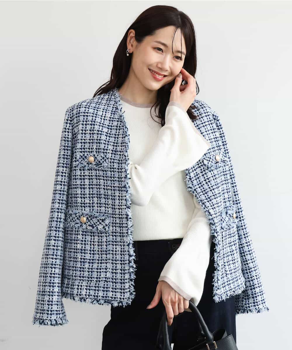 FKJAG53330 MK MICHEL KLEIN(MK ミッシェルクラン) [洗える]Vネックファンシーツイードジャケット ライトブルー