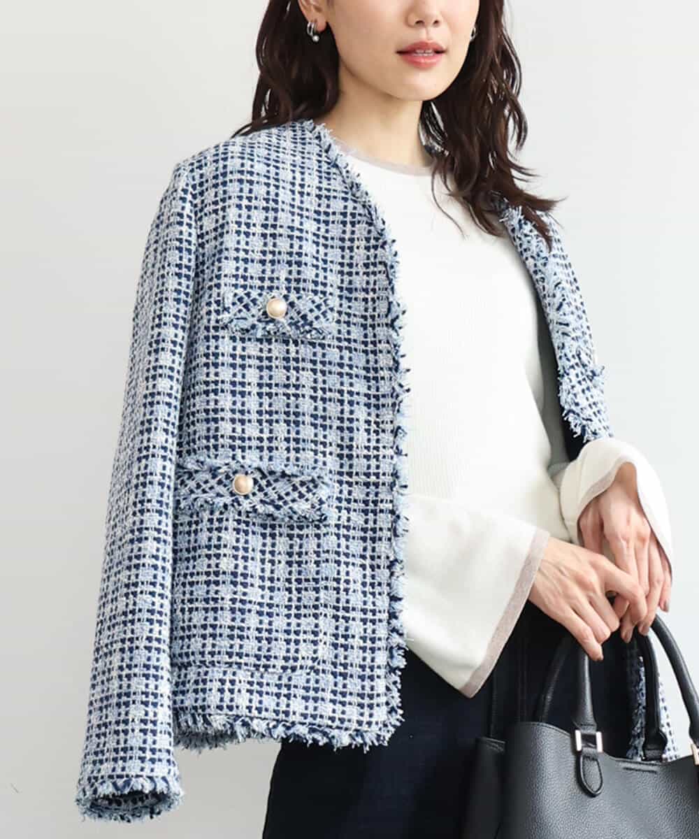 FKJAG53330 MK MICHEL KLEIN(MK ミッシェルクラン) [洗える]Vネックファンシーツイードジャケット ライトブルー