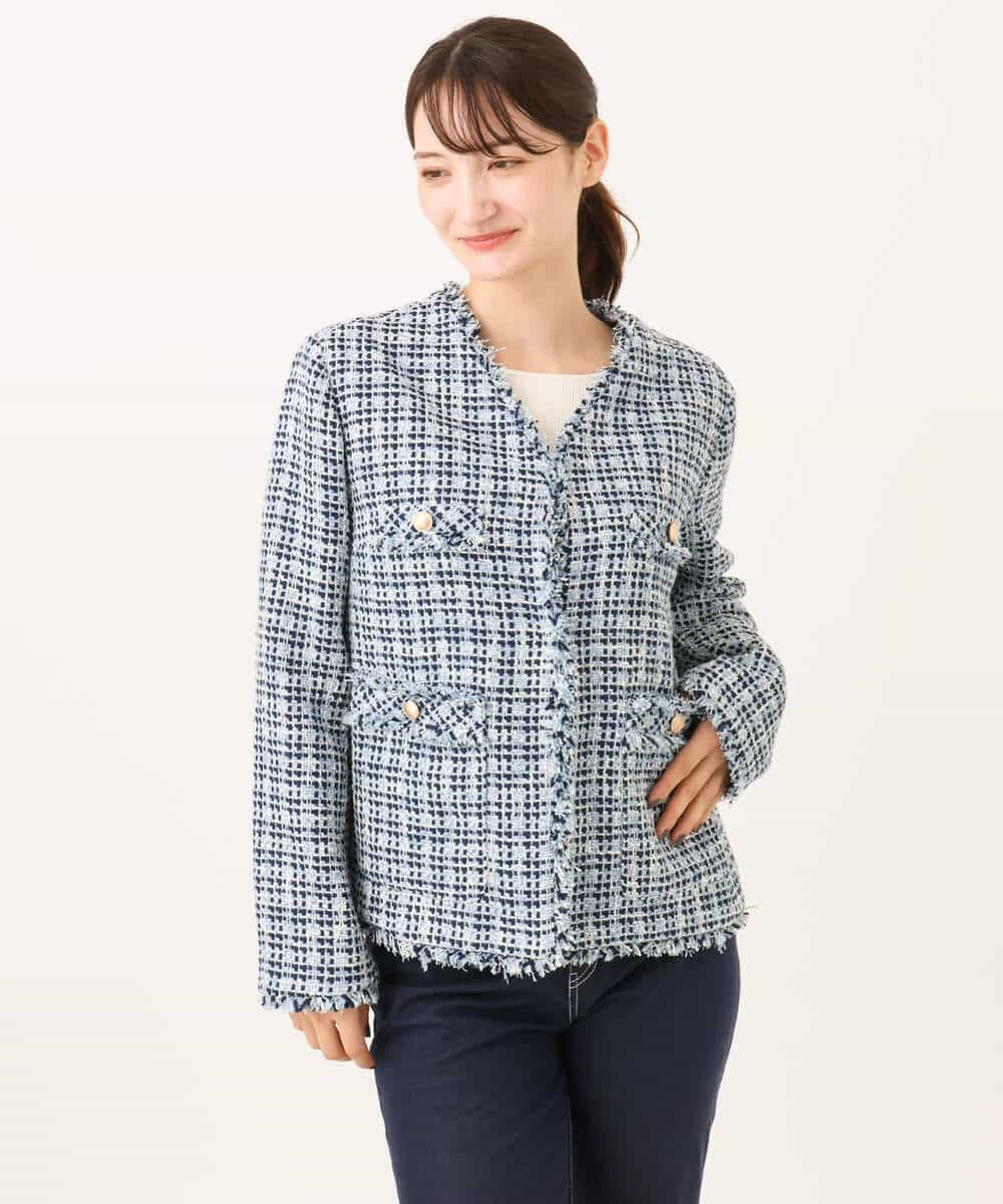 FKJAG53330 MK MICHEL KLEIN(MK ミッシェルクラン) [洗える]Vネックファンシーツイードジャケット ライトブルー