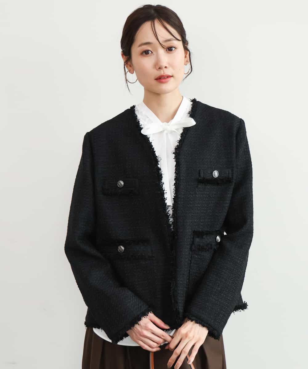 FKJAG53330 MK MICHEL KLEIN(MK ミッシェルクラン) [洗える]Vネックファンシーツイードジャケット ブラック