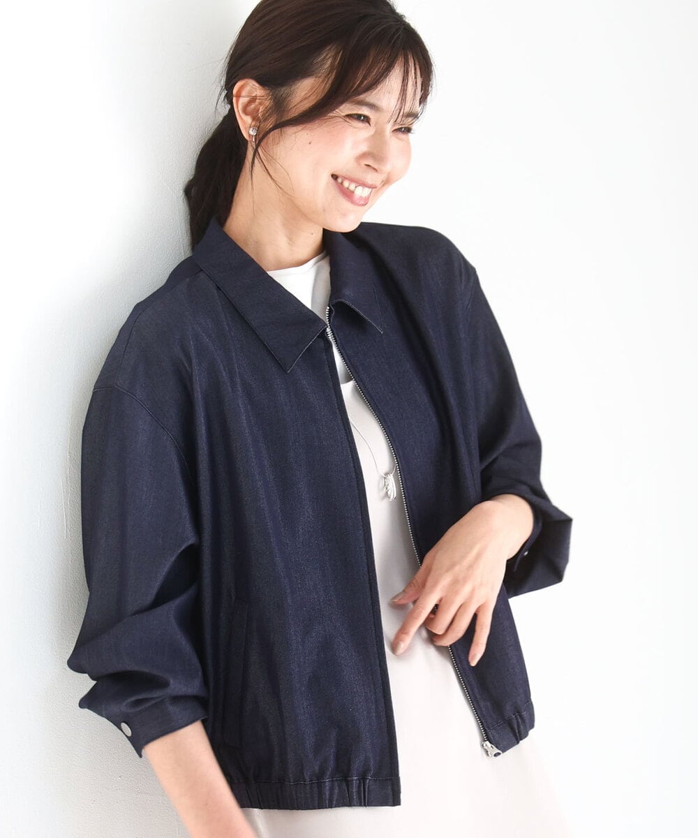 FKJGD36210 MK MICHEL KLEIN(MK ミッシェルクラン) [SANAGARAシリーズ/UVカット/接触冷感/洗える]デニムライク 衿付きジップアップブルゾン ネイビー