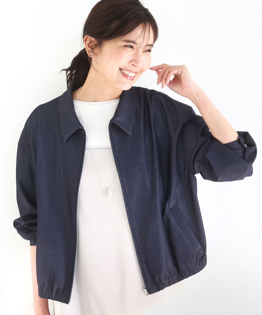 FKJGD36210 MK MICHEL KLEIN(MK ミッシェルクラン) [SANAGARAシリーズ/UVカット/接触冷感/洗える]デニムライク 衿付きジップアップブルゾン ネイビー