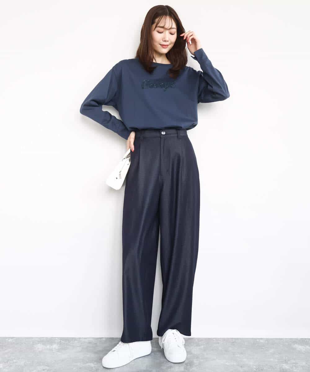 FKKAD31110 MK MICHEL KLEIN(MK ミッシェルクラン) 刺繍ロゴデザイン コットンロンT/洗える ネイビー