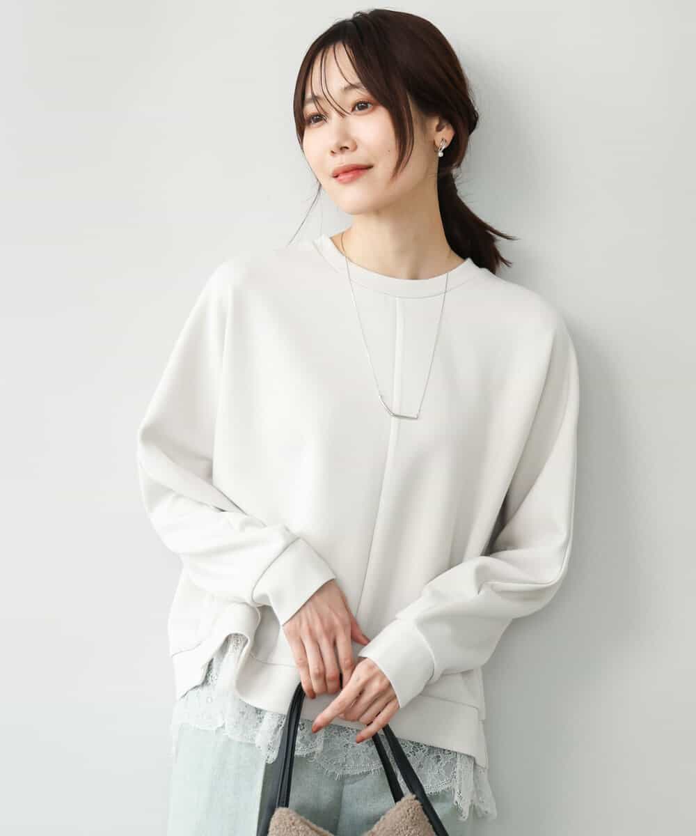 FKKAG41130 MK MICHEL KLEIN(MK ミッシェルクラン) [洗える]レースヘムダンボールカットソー ライトグレー