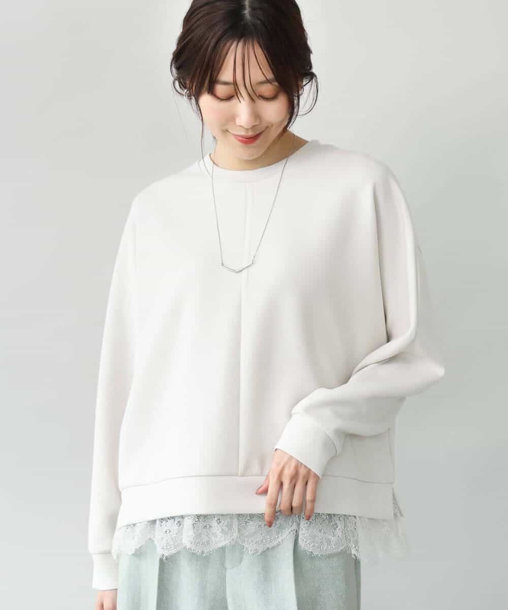 FKKAG41130 MK MICHEL KLEIN(MK ミッシェルクラン) [洗える]レースヘムダンボールカットソー ライトグレー