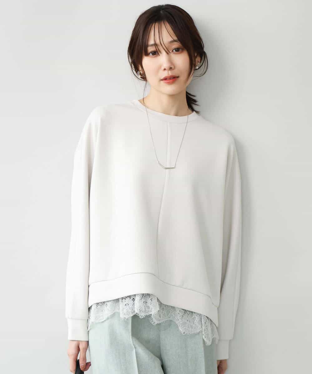 FKKAG41130 MK MICHEL KLEIN(MK ミッシェルクラン) [洗える]レースヘムダンボールカットソー ライトグレー