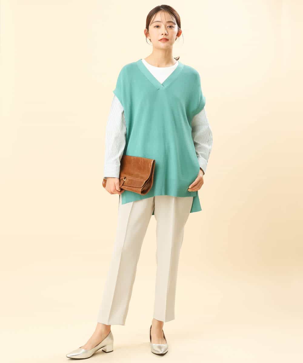 FKKFS01140 MK MICHEL KLEIN(MK ミッシェルクラン) ストライプ袖配色ポンチカットソー/洗える グリーン