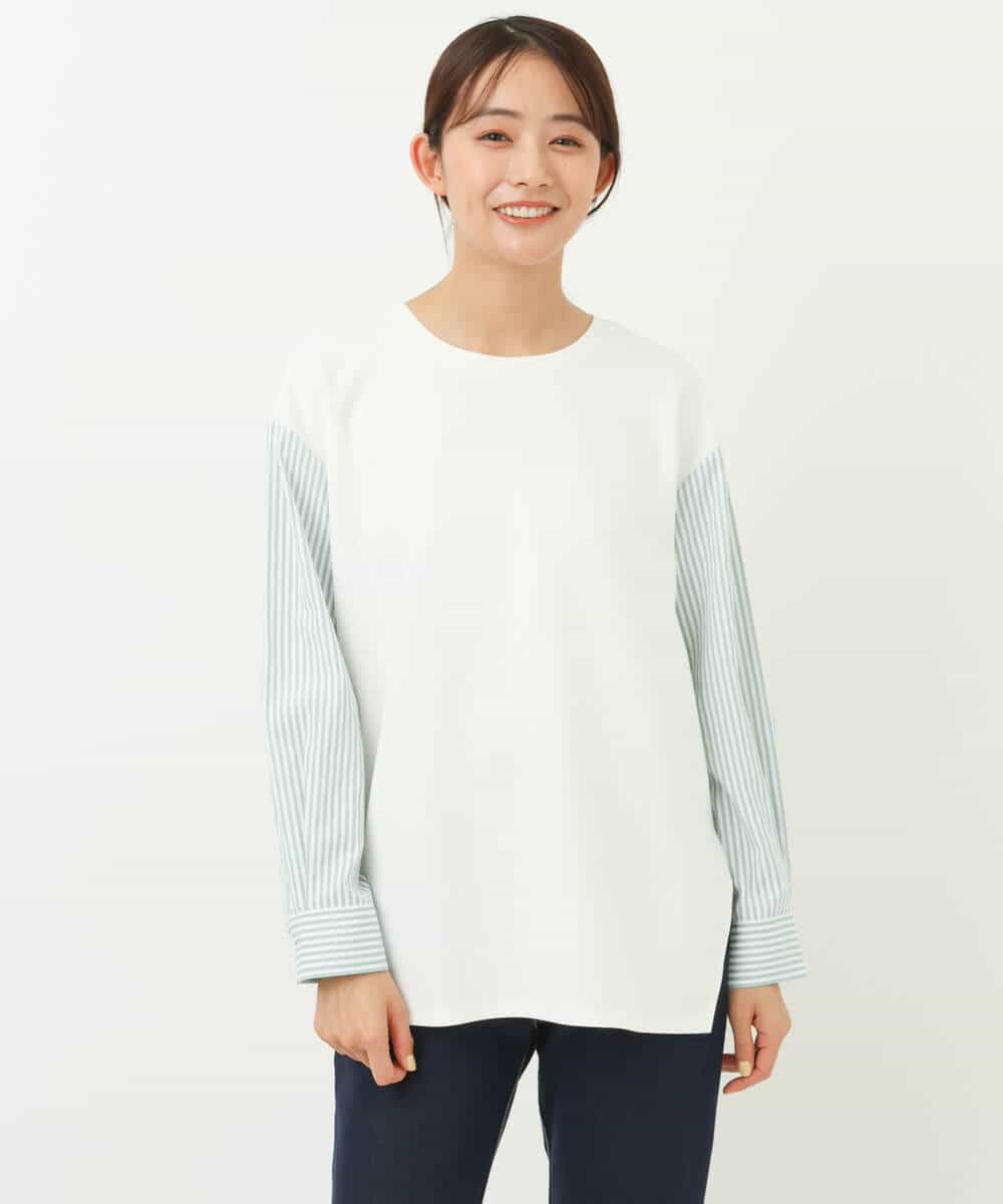 FKKFS01140 MK MICHEL KLEIN(MK ミッシェルクラン) ストライプ袖配色ポンチカットソー/洗える グリーン