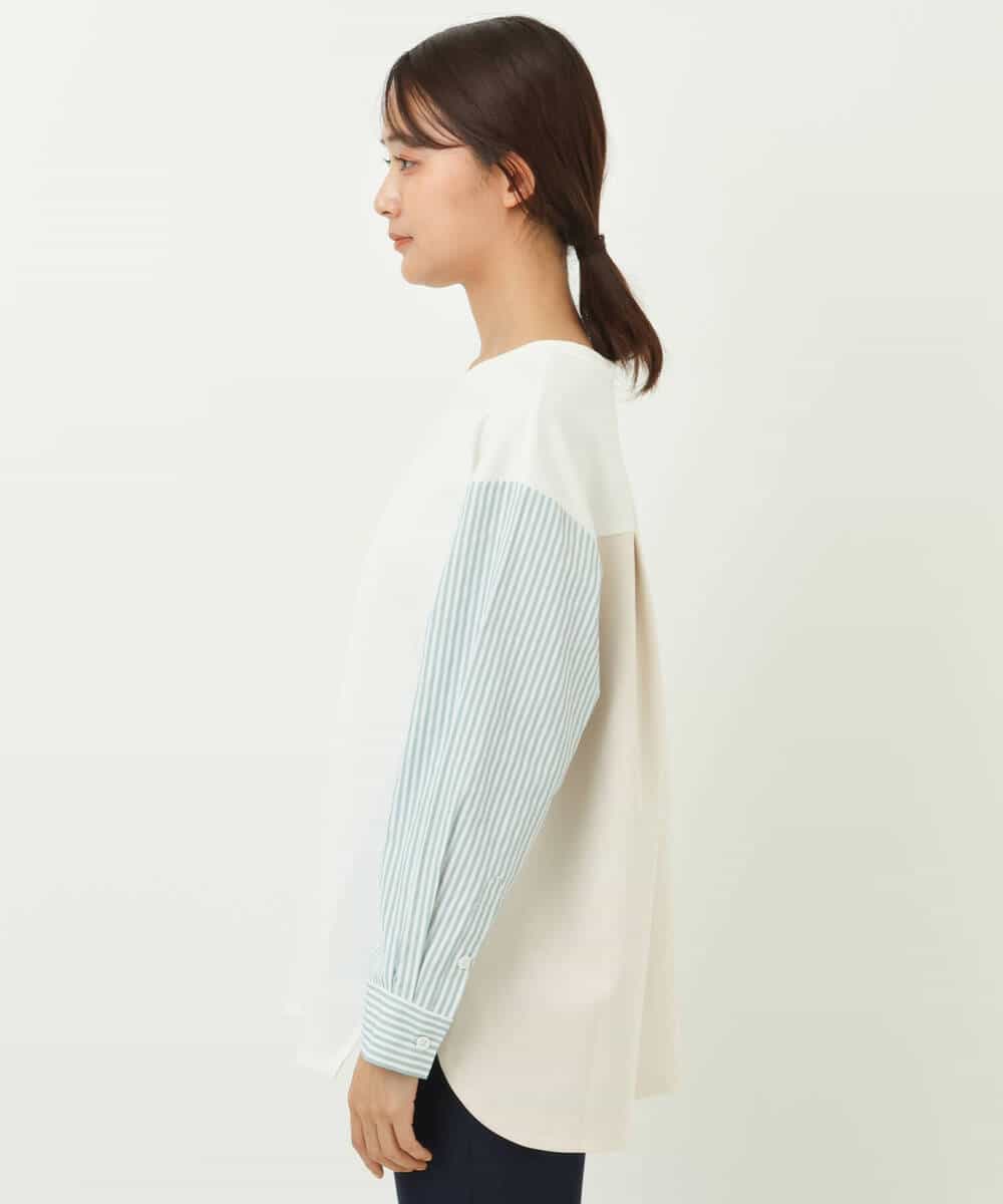 FKKFS01140 MK MICHEL KLEIN(MK ミッシェルクラン) ストライプ袖配色ポンチカットソー/洗える グリーン