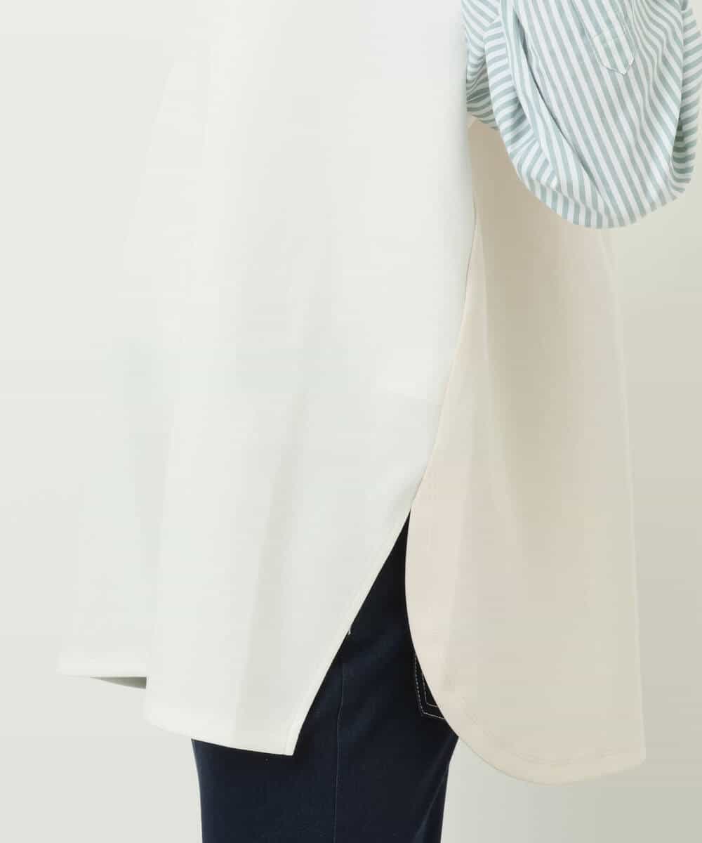 FKKFS01140 MK MICHEL KLEIN(MK ミッシェルクラン) ストライプ袖配色ポンチカットソー/洗える グリーン