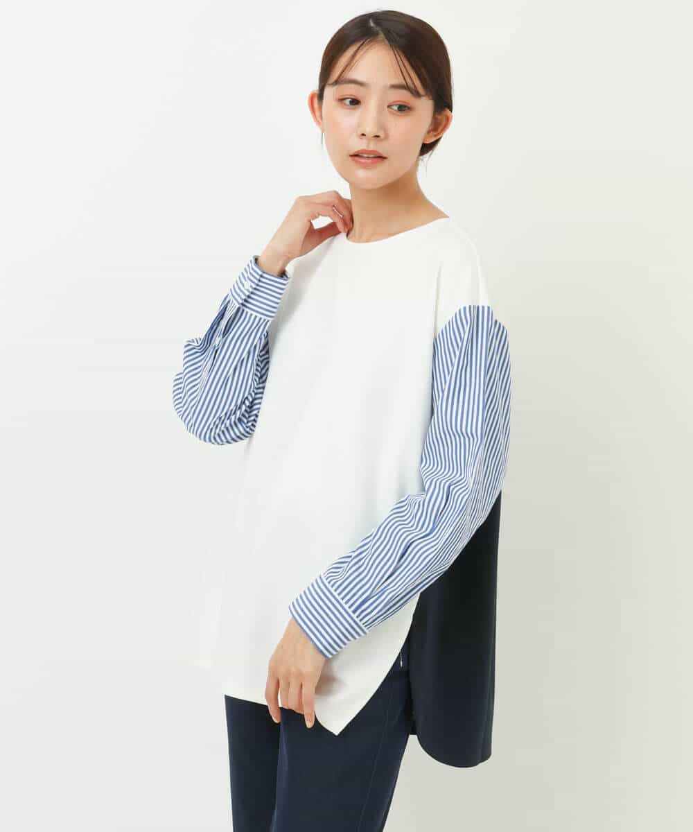 FKKFS01140 MK MICHEL KLEIN(MK ミッシェルクラン) ストライプ袖配色ポンチカットソー/洗える グリーン
