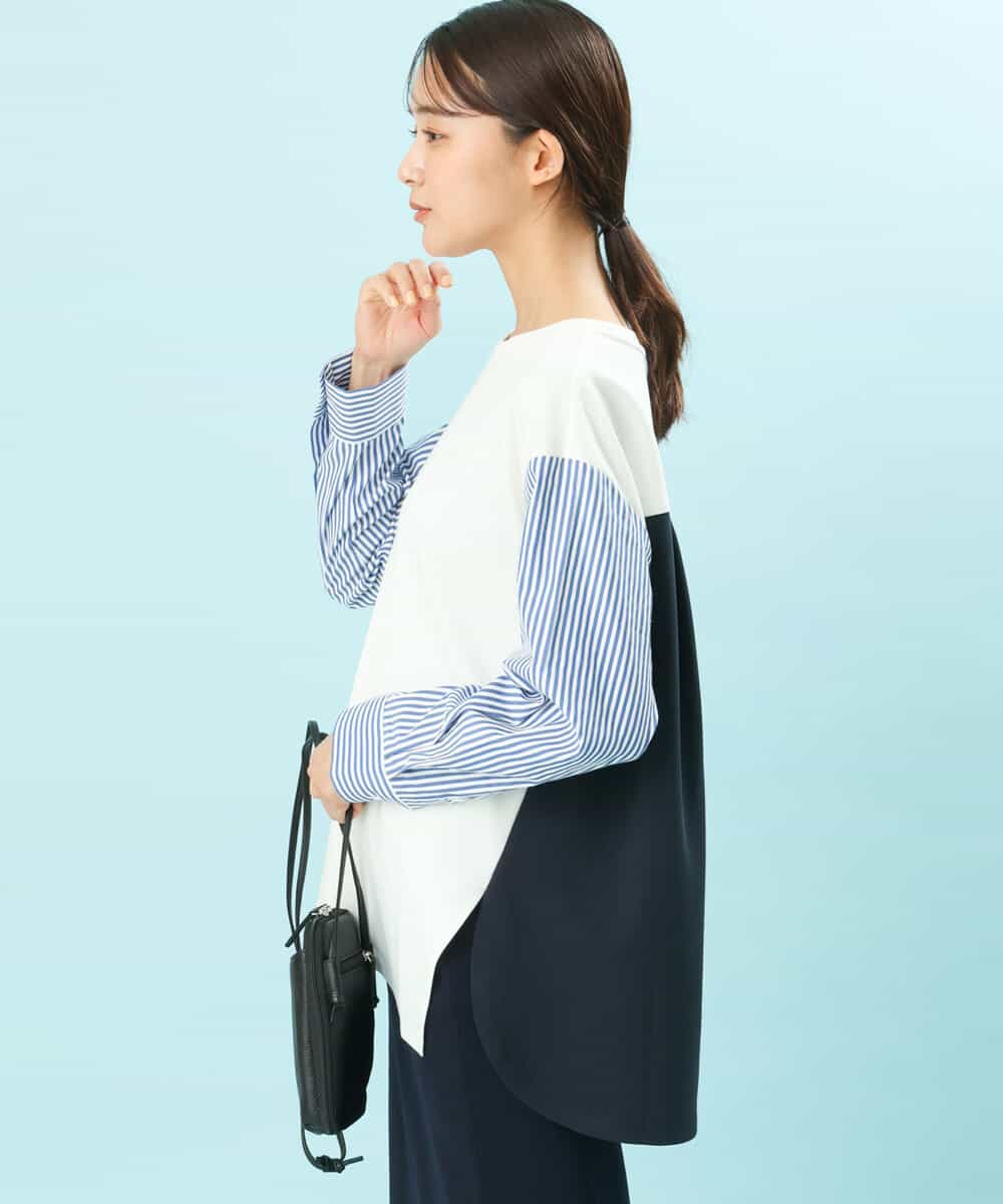 FKKFS01140 MK MICHEL KLEIN(MK ミッシェルクラン) ストライプ袖配色ポンチカットソー/洗える ブルー