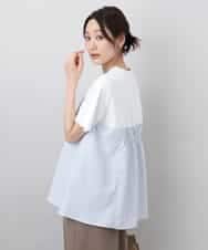 FKKGA41120 MK MICHEL KLEIN(MK ミッシェルクラン) ビスチェレイヤード風フレアーTシャツ(ストライプ)/洗える ホワイト×ネイビー