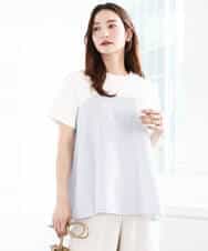 FKKGA41120 MK MICHEL KLEIN(MK ミッシェルクラン) ビスチェレイヤード風フレアーTシャツ(ストライプ)/洗える ホワイト×ネイビー