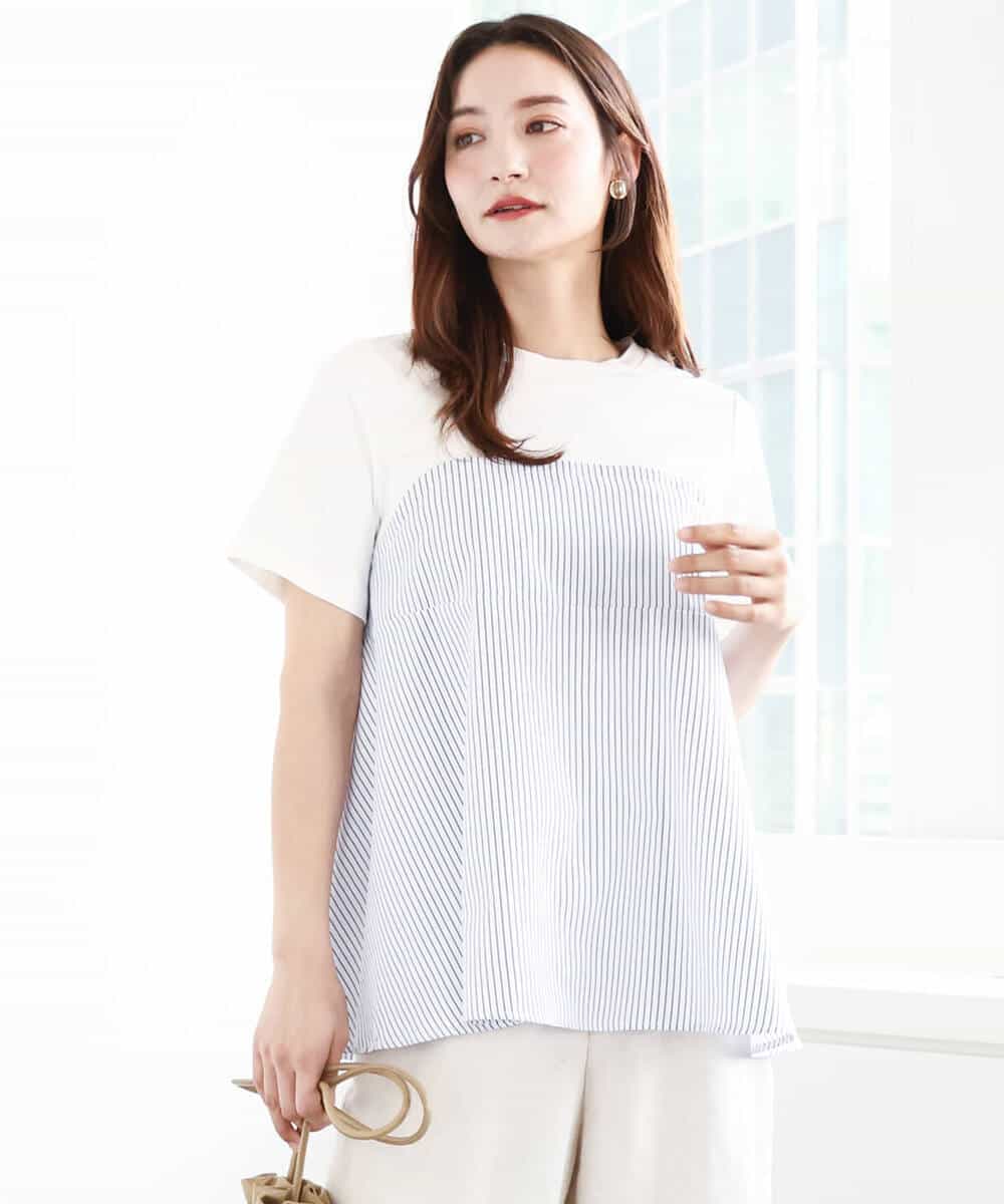 FKKGA41120 MK MICHEL KLEIN(MK ミッシェルクラン) ビスチェレイヤード風フレアーTシャツ(ストライプ)/洗える ホワイト×ネイビー