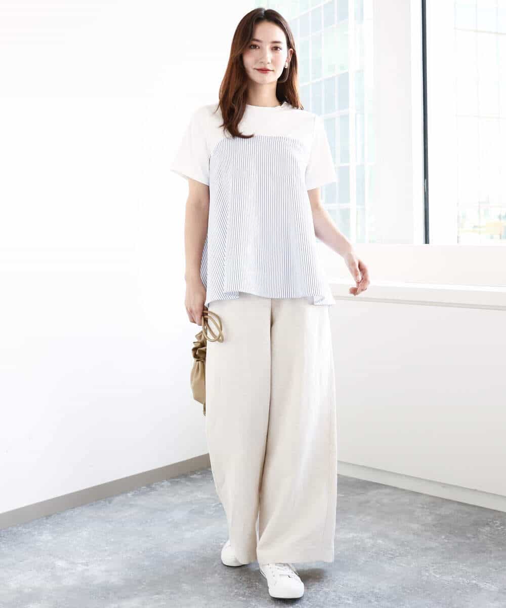 FKKGA41120 MK MICHEL KLEIN(MK ミッシェルクラン) ビスチェレイヤード風フレアーTシャツ(ストライプ)/洗える ホワイト×ネイビー