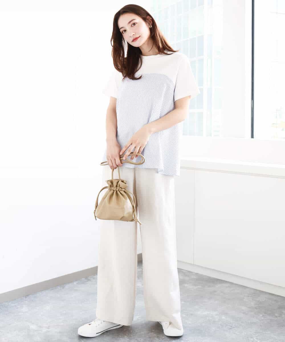 FKKGA41120 MK MICHEL KLEIN(MK ミッシェルクラン) ビスチェレイヤード風フレアーTシャツ(ストライプ)/洗える ホワイト×ネイビー