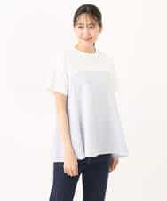 FKKGA41120 MK MICHEL KLEIN(MK ミッシェルクラン) ビスチェレイヤード風フレアーTシャツ(ストライプ)/洗える ホワイト×ネイビー