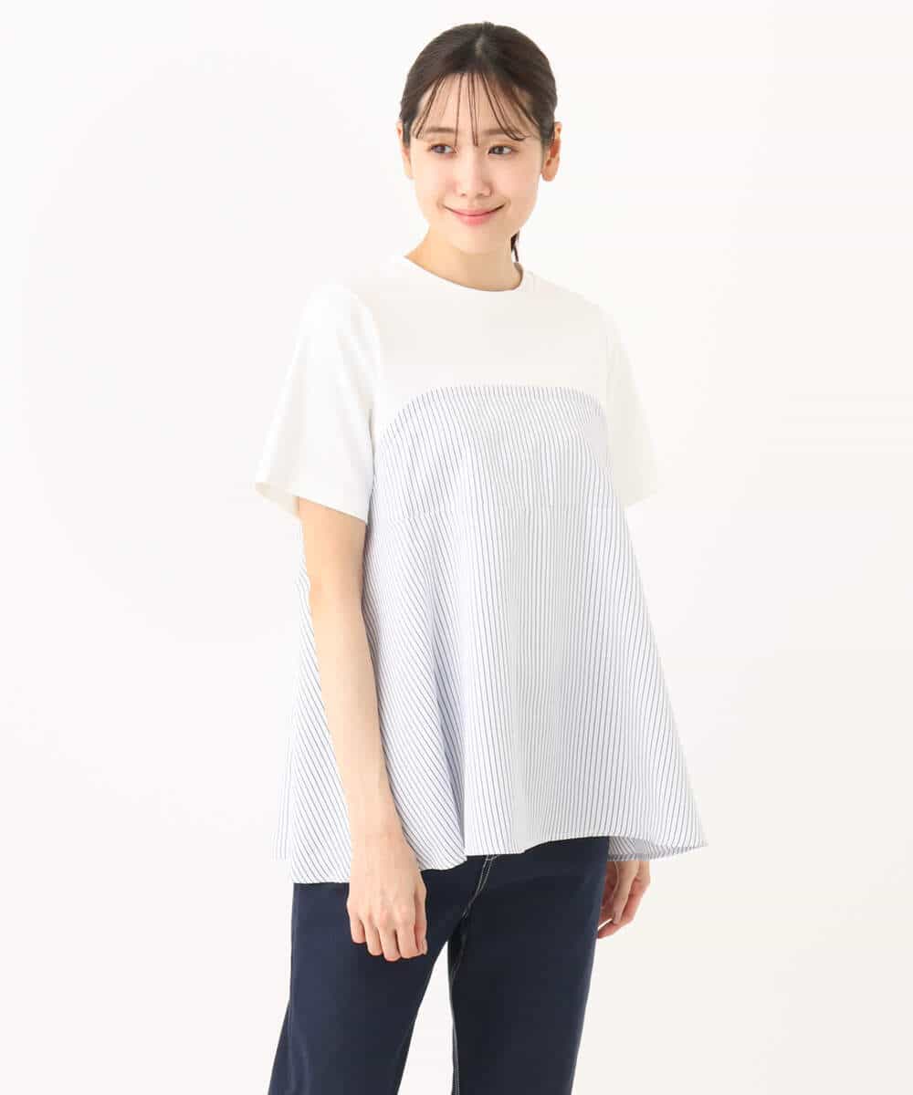 FKKGA41120 MK MICHEL KLEIN(MK ミッシェルクラン) ビスチェレイヤード風フレアーTシャツ(ストライプ)/洗える ホワイト×ネイビー