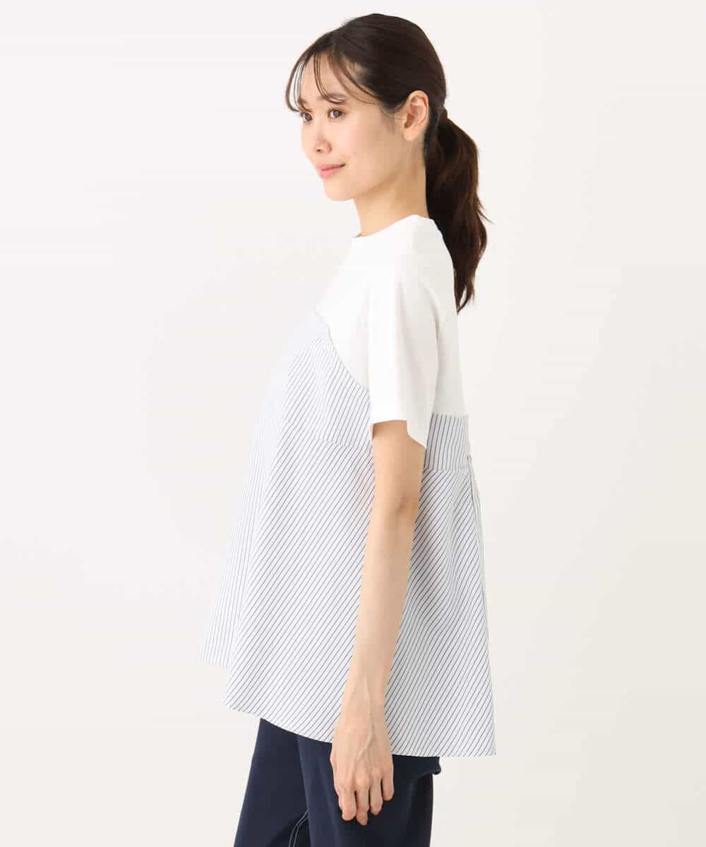 FKKGA41120 MK MICHEL KLEIN(MK ミッシェルクラン) ビスチェレイヤード風フレアーTシャツ(ストライプ)/洗える ホワイト×ネイビー