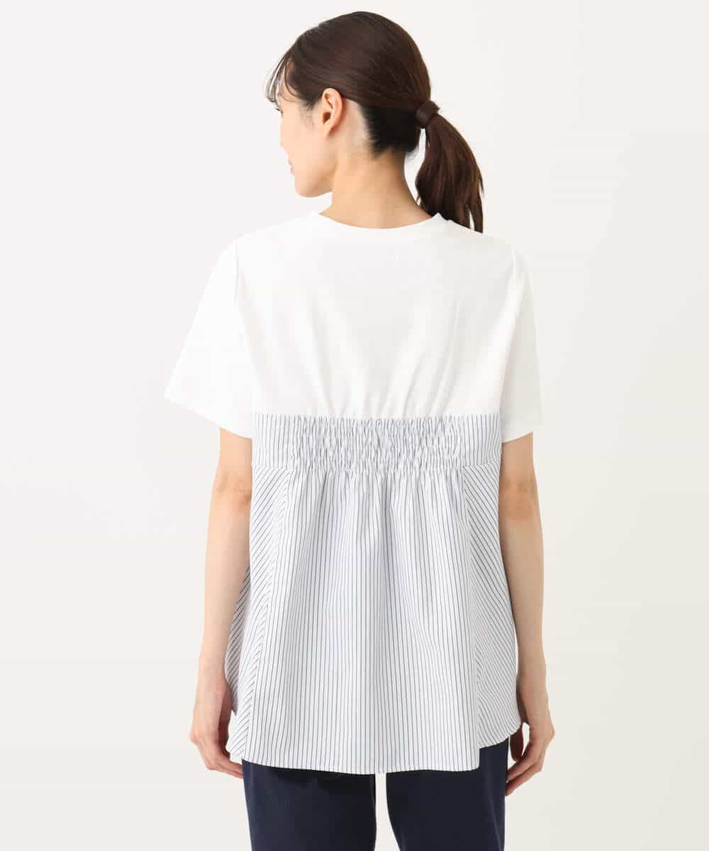 FKKGA41120 MK MICHEL KLEIN(MK ミッシェルクラン) ビスチェレイヤード風フレアーTシャツ(ストライプ)/洗える ホワイト×ネイビー