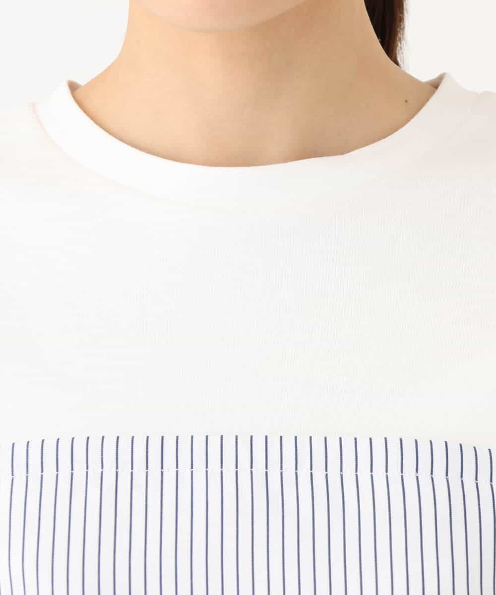 FKKGA41120 MK MICHEL KLEIN(MK ミッシェルクラン) ビスチェレイヤード風フレアーTシャツ(ストライプ)/洗える ホワイト×ネイビー