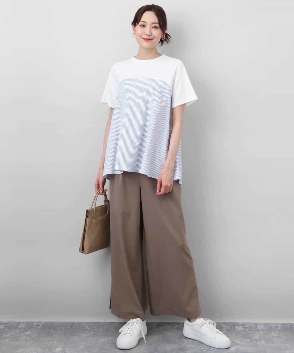 FKKGA41120 MK MICHEL KLEIN(MK ミッシェルクラン) ビスチェレイヤード風フレアーTシャツ(ストライプ)/洗える ホワイト×ネイビー