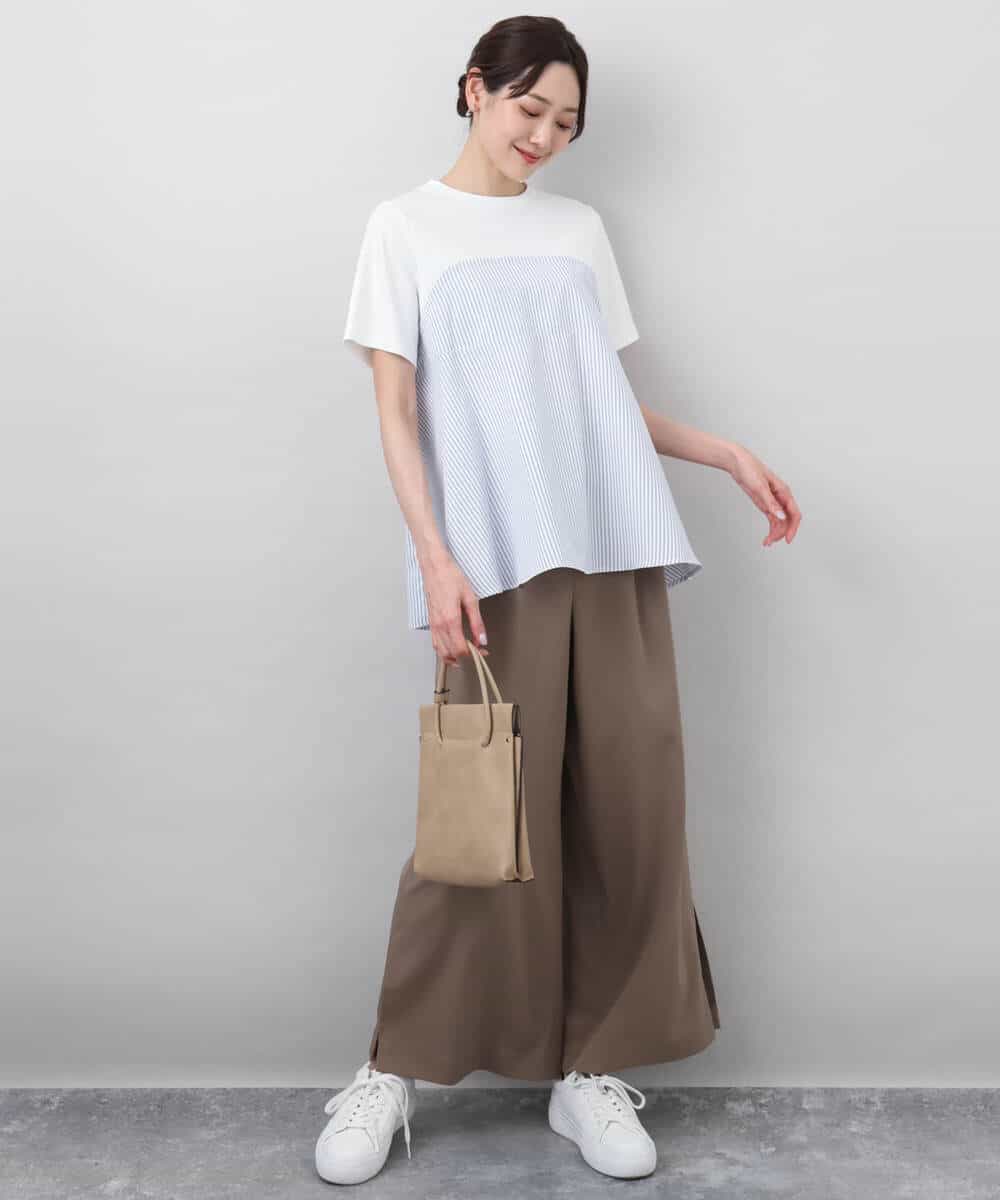 FKKGA41120 MK MICHEL KLEIN(MK ミッシェルクラン) ビスチェレイヤード風フレアーTシャツ(ストライプ)/洗える ホワイト×ネイビー