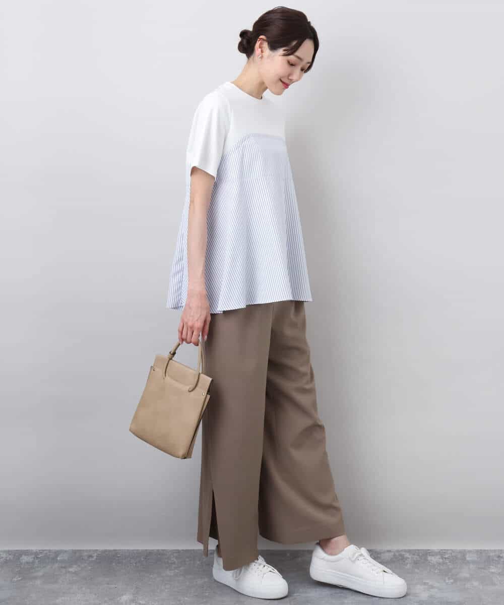 FKKGA41120 MK MICHEL KLEIN(MK ミッシェルクラン) ビスチェレイヤード風フレアーTシャツ(ストライプ)/洗える ホワイト×ネイビー