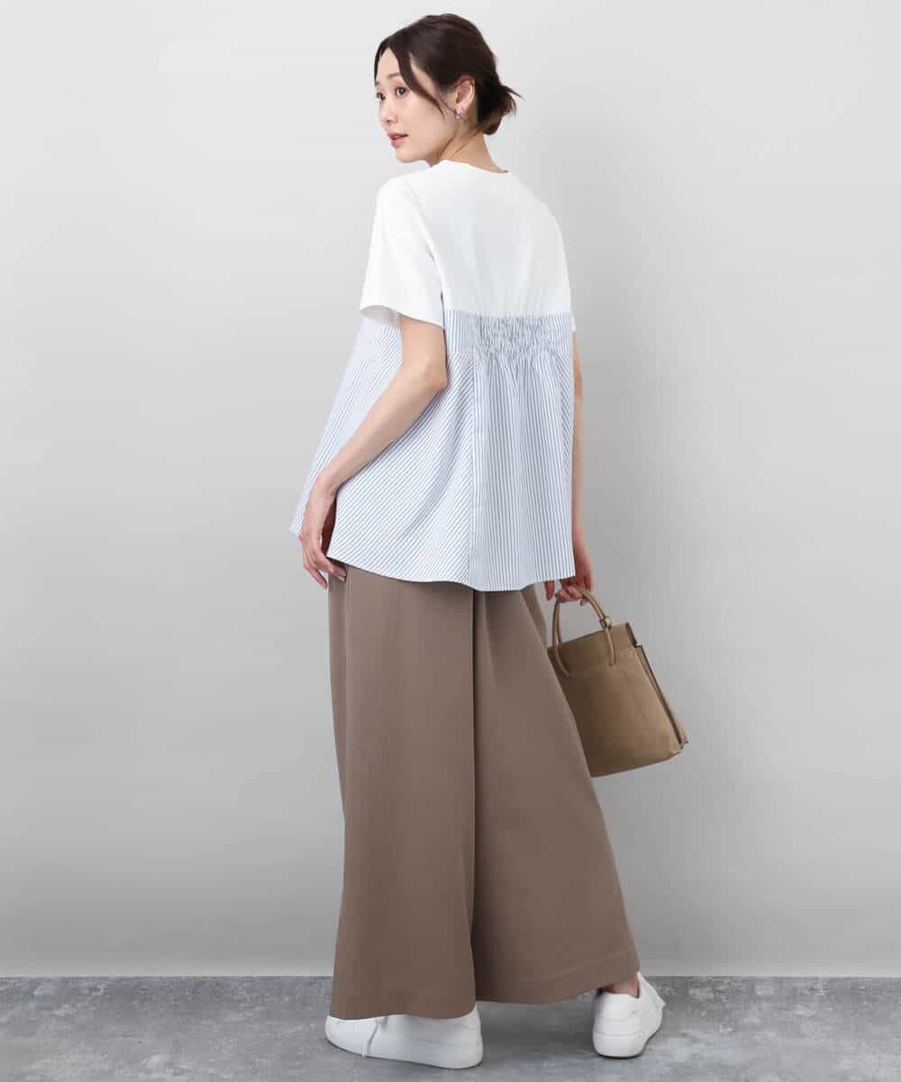 FKKGA41120 MK MICHEL KLEIN(MK ミッシェルクラン) ビスチェレイヤード風フレアーTシャツ(ストライプ)/洗える ホワイト×ネイビー