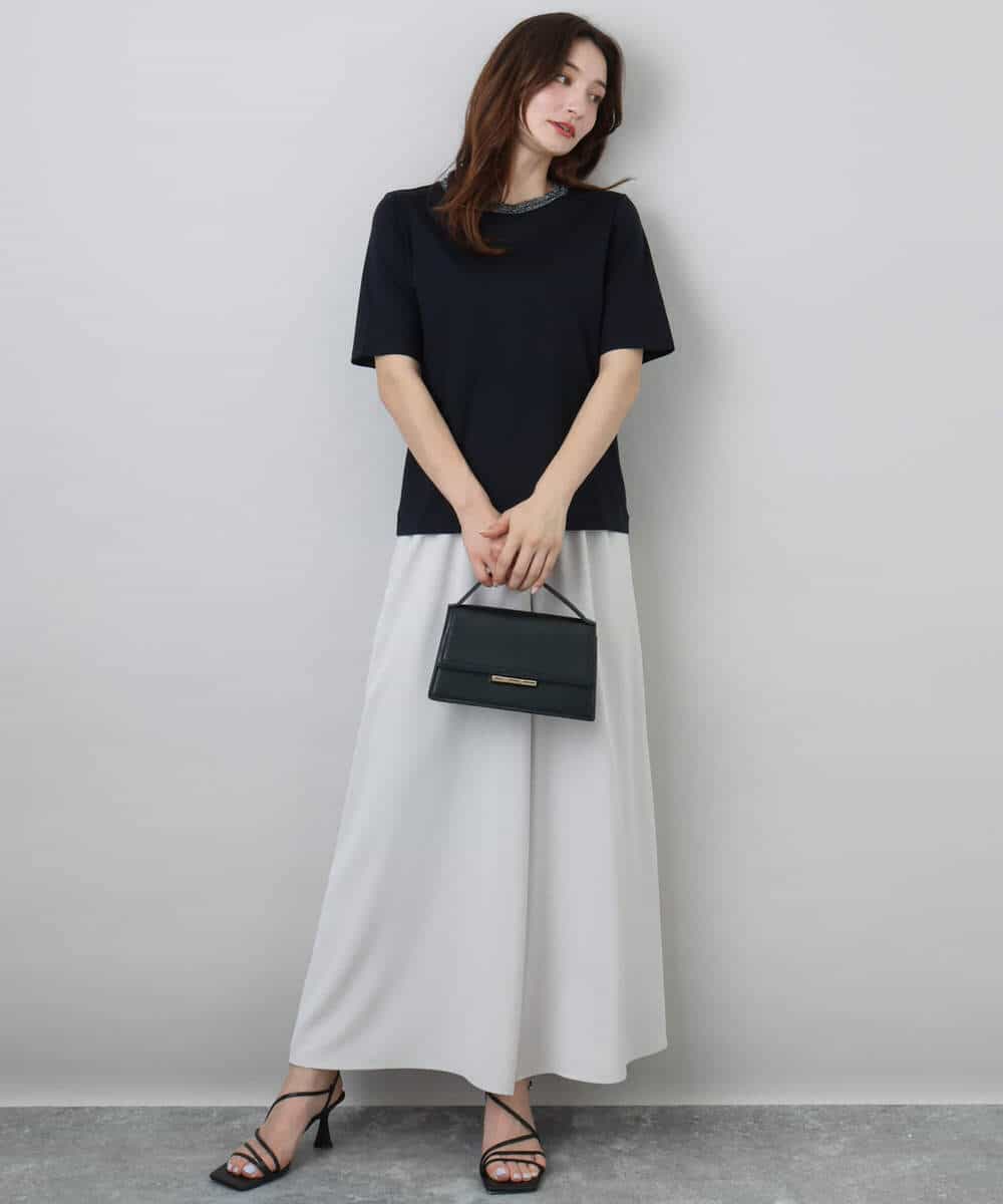 FKKGA50090 MK MICHEL KLEIN(MK ミッシェルクラン) ラメ入りネックデザインTシャツ/接触冷感/洗える ホワイト