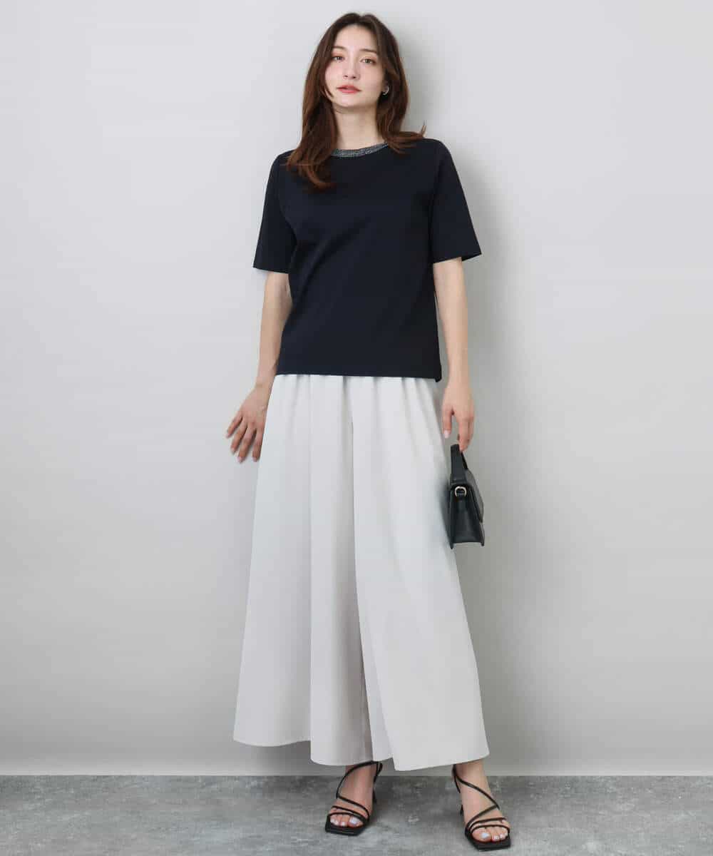 FKKGA50090 MK MICHEL KLEIN(MK ミッシェルクラン) ラメ入りネックデザインTシャツ/接触冷感/洗える ホワイト
