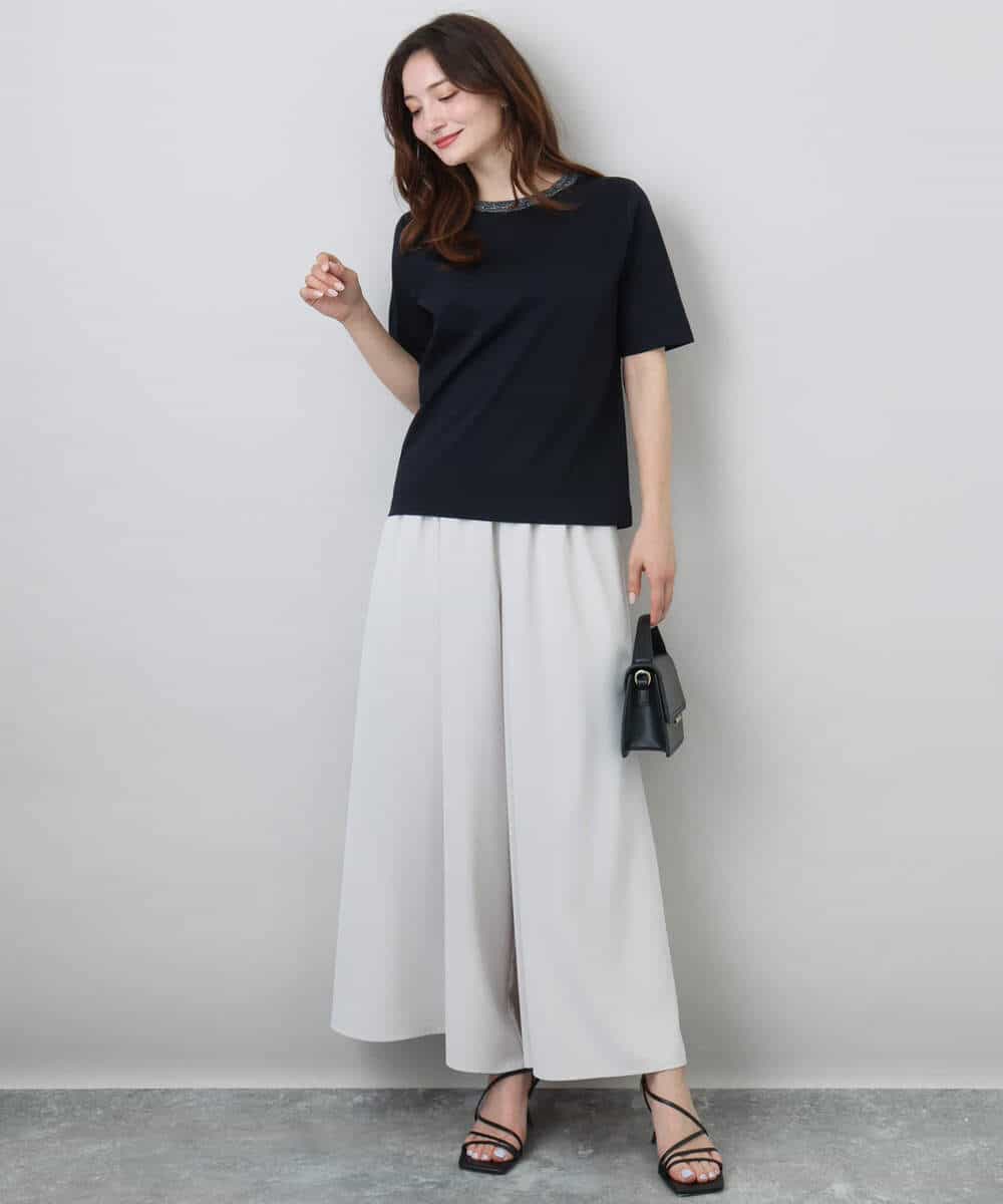 FKKGA50090 MK MICHEL KLEIN(MK ミッシェルクラン) ラメ入りネックデザインTシャツ/接触冷感/洗える ホワイト