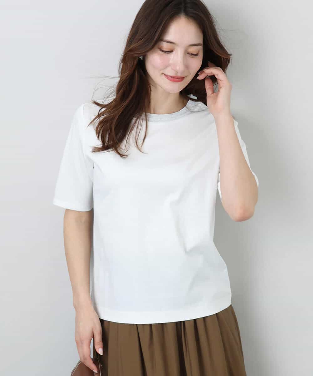 FKKGA50090 MK MICHEL KLEIN(MK ミッシェルクラン) ラメ入りネックデザインTシャツ/接触冷感/洗える ホワイト
